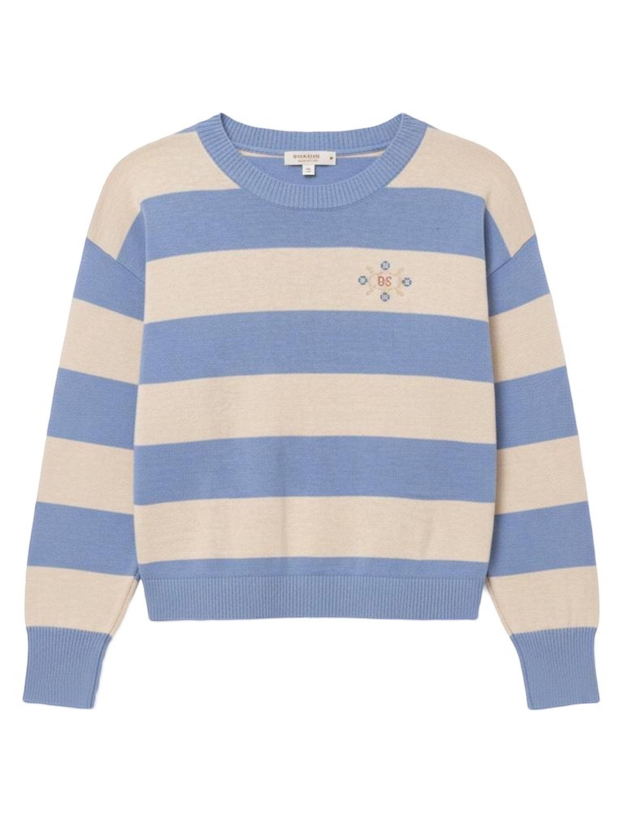 Designers Society blue and beige striped knit sweater with 3/4 sleeves and embroidered chest detail. Made from 55% linen and 45% cotton.