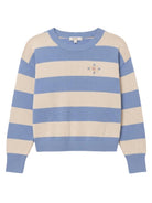 Designers Society blue and beige striped knit sweater with 3/4 sleeves and embroidered chest detail. Made from 55% linen and 45% cotton.