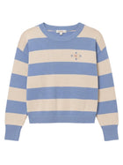 Designers Society blue and beige striped knit sweater with 3/4 sleeves and embroidered chest detail. Made from 55% linen and 45% cotton.