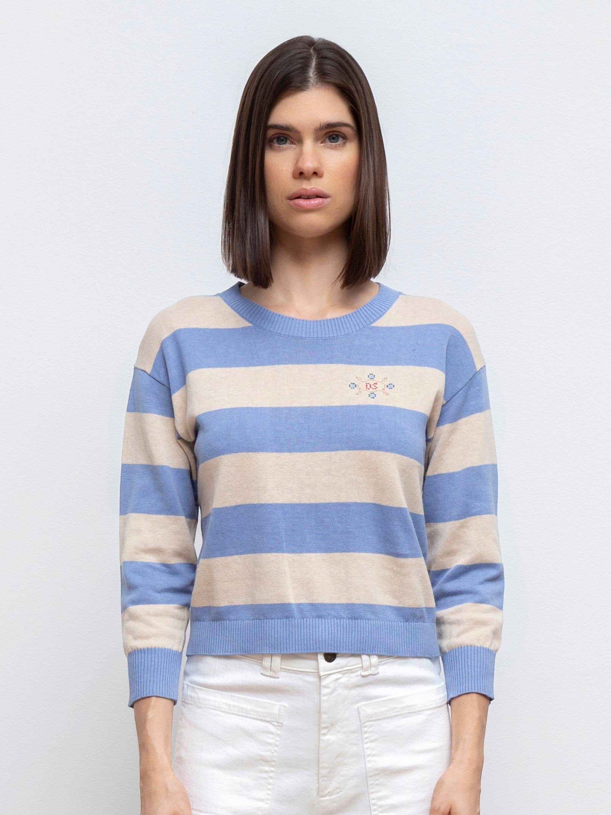 Designers Society blue and beige striped 3/4 sleeve knit sweater with chest embroidery, made from 55% linen and 45% cotton.
